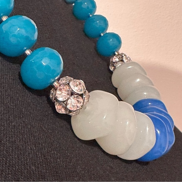 Vintage Graduated Bead Necklace Teal Green White Blue Acrylic Beads Rhinestones - Picture 10 of 16